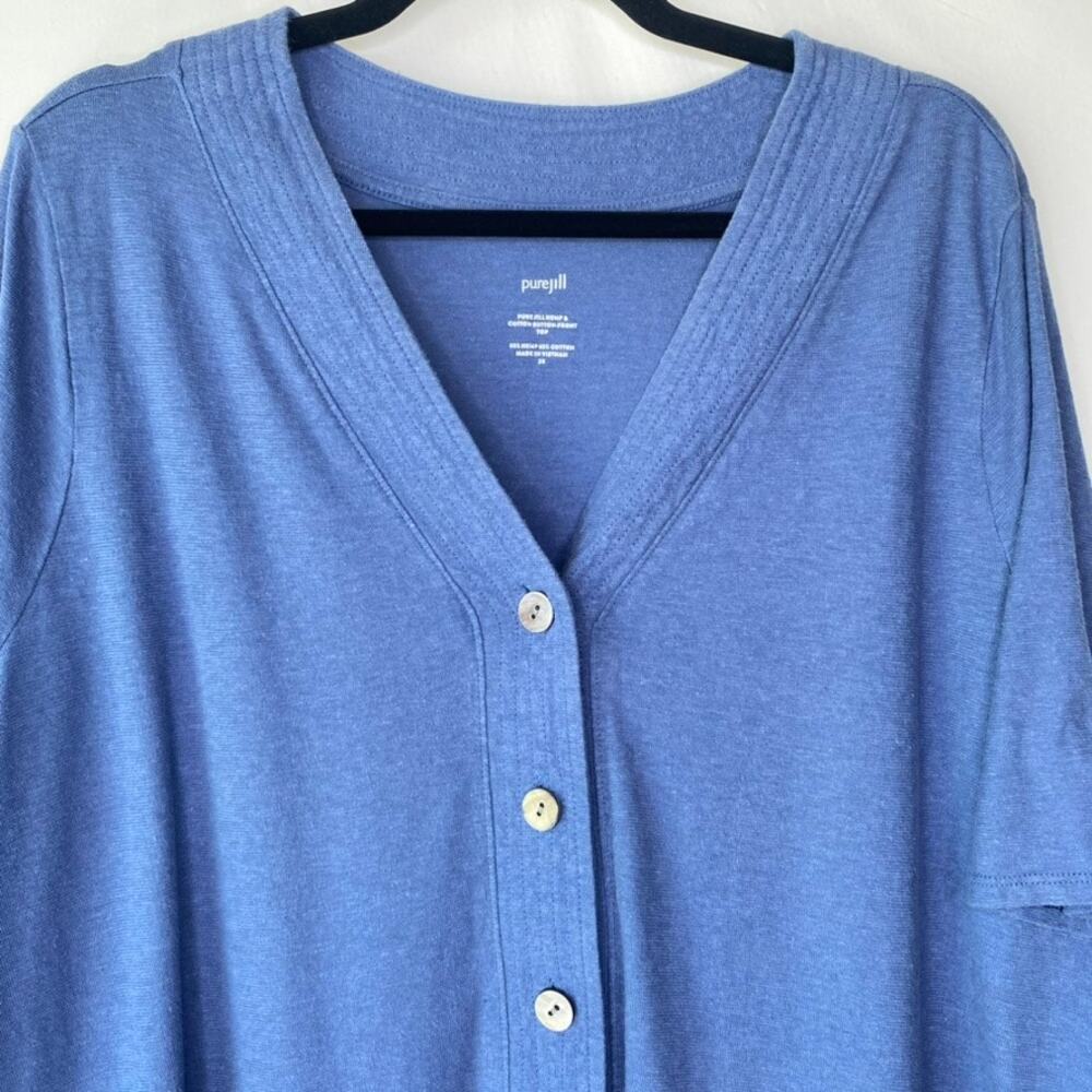 PureJill Blue Hemp & Cotton Button Front Short Sleeve Top Lagenlook Size 2X - Picture 2 of 8